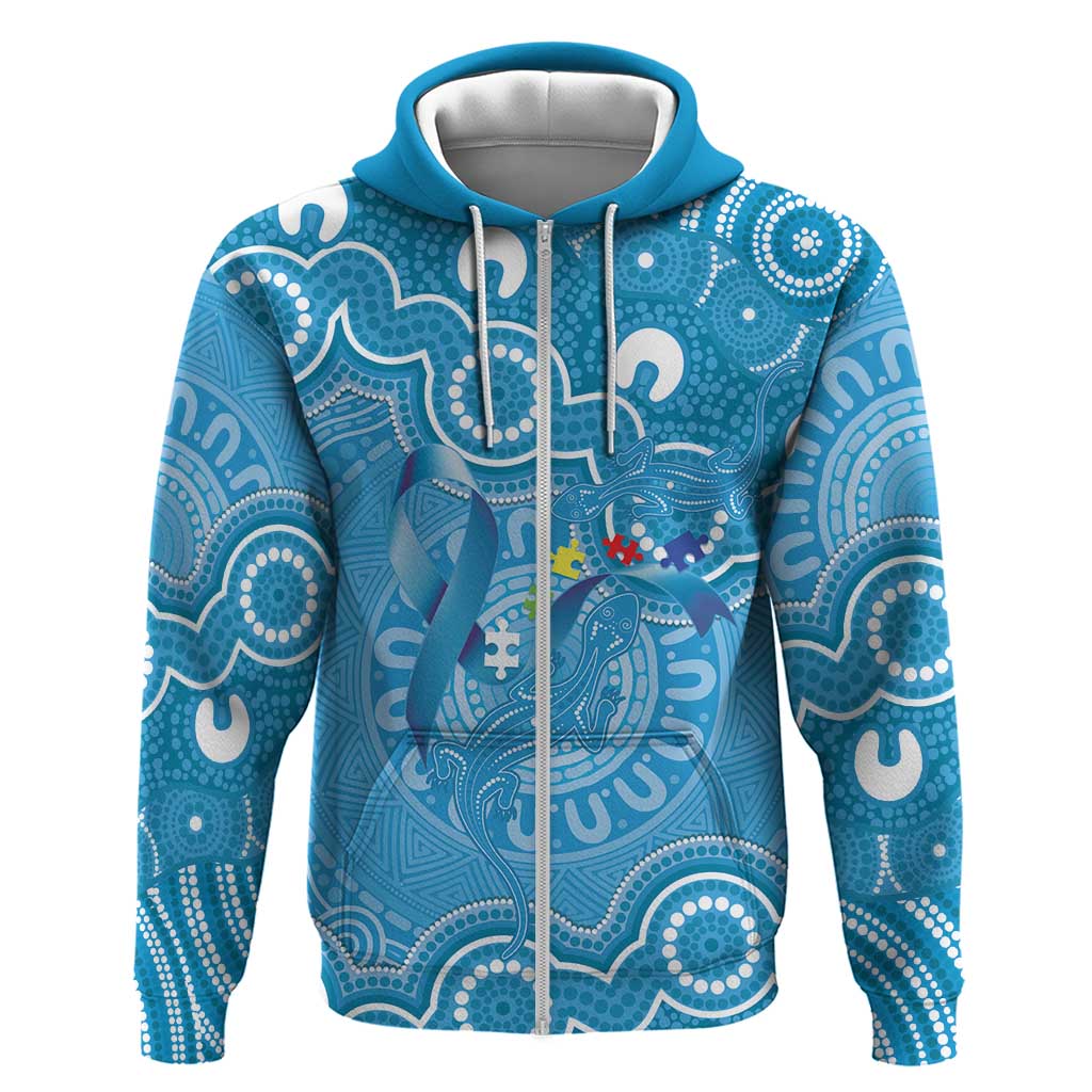 Australia Indigenous Zip Hoodie Blue Ribbon Lizards Autism Awareness - Aussie Hoodie