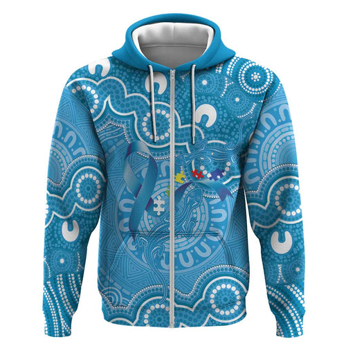 Australia Indigenous Zip Hoodie Blue Ribbon Lizards Autism Awareness - Aussie Hoodie