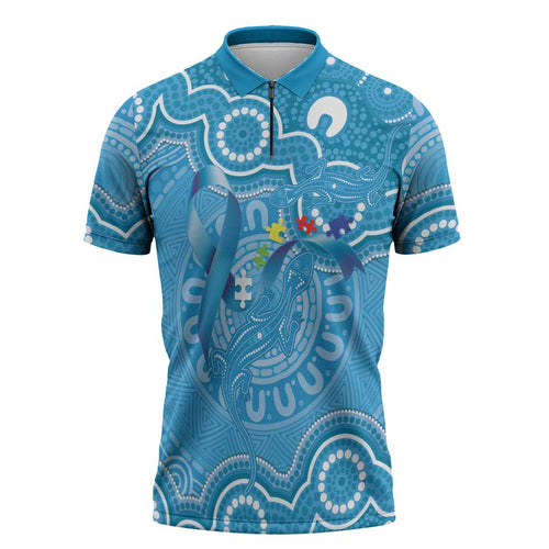 Australia Indigenous Zipper Polo Shirt Blue Ribbon Lizards Autism Awareness - Aussie Hoodie