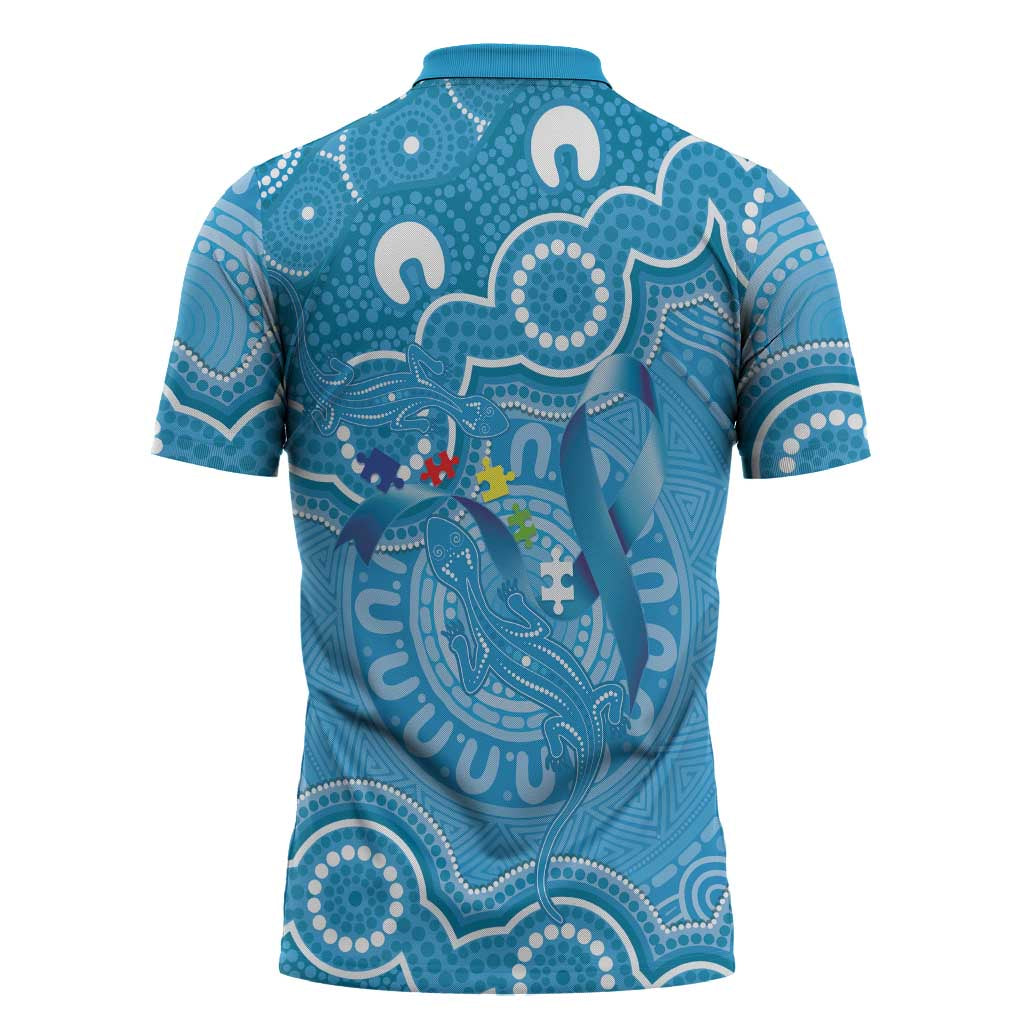 Australia Indigenous Zipper Polo Shirt Blue Ribbon Lizards Autism Awareness - Aussie Hoodie
