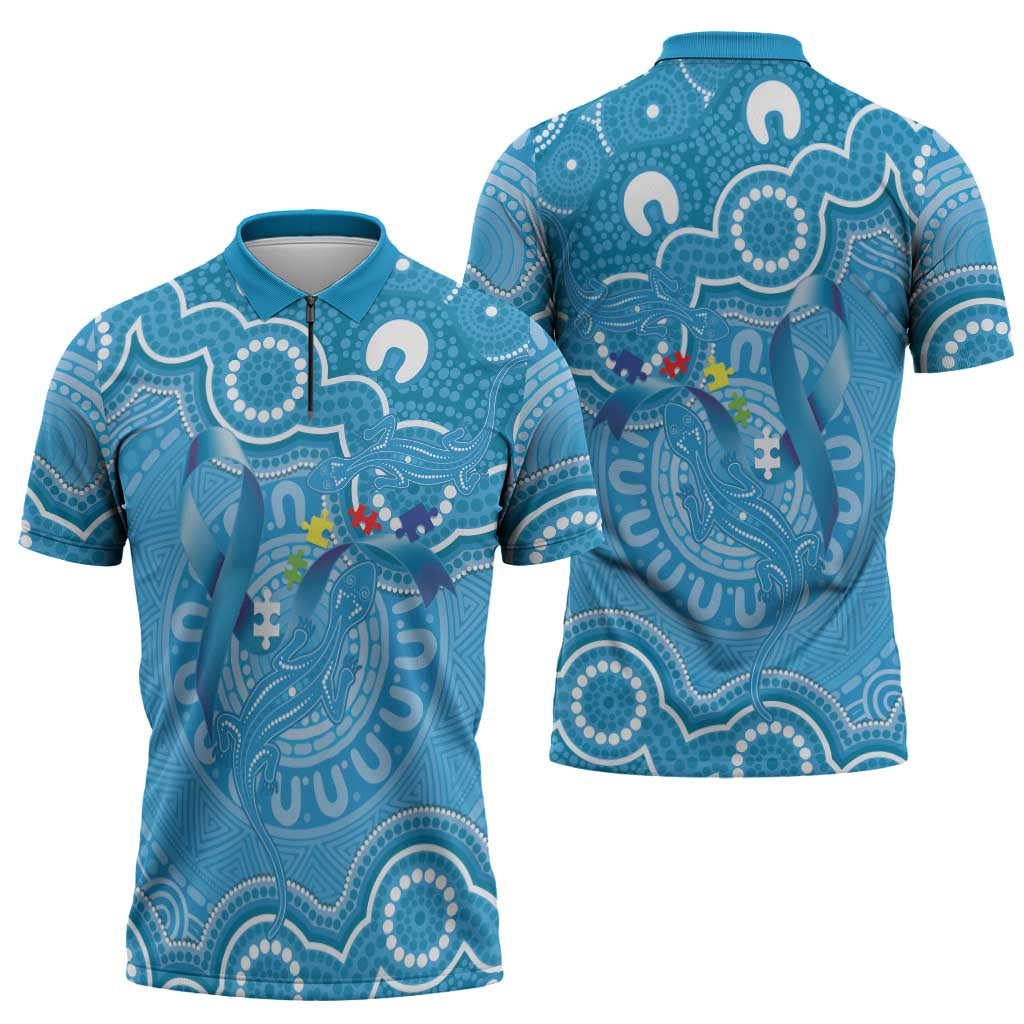 Australia Indigenous Zipper Polo Shirt Blue Ribbon Lizards Autism Awareness - Aussie Hoodie