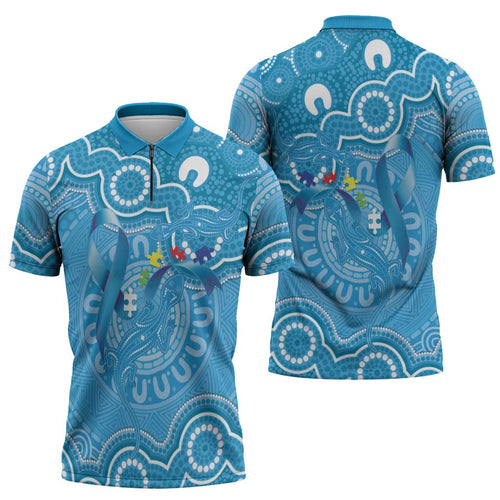 Australia Indigenous Zipper Polo Shirt Blue Ribbon Lizards Autism Awareness - Aussie Hoodie