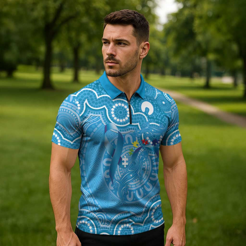 Australia Indigenous Zipper Polo Shirt Blue Ribbon Lizards Autism Awareness - Aussie Hoodie