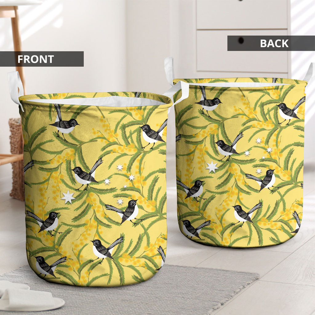 Australia Wattle Day Laundry Basket Acacia Pycnantha Willie Wagtail Seamless Style