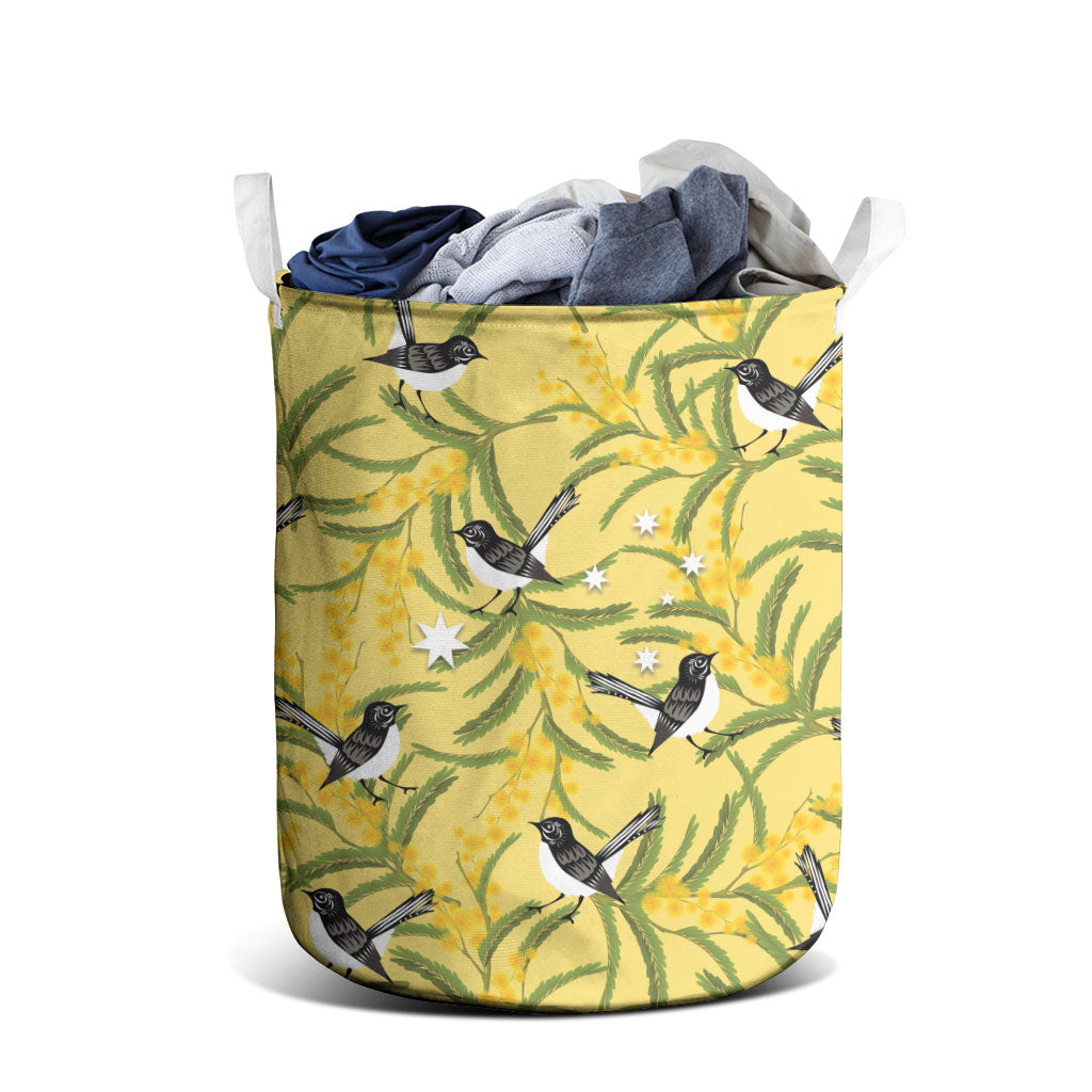 Australia Wattle Day Laundry Basket Acacia Pycnantha Willie Wagtail Seamless Style