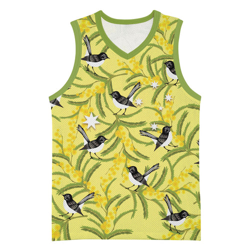 Australia Wattle Day Basketball Jersey Acacia Pycnantha Willie Wagtail Seamless Style