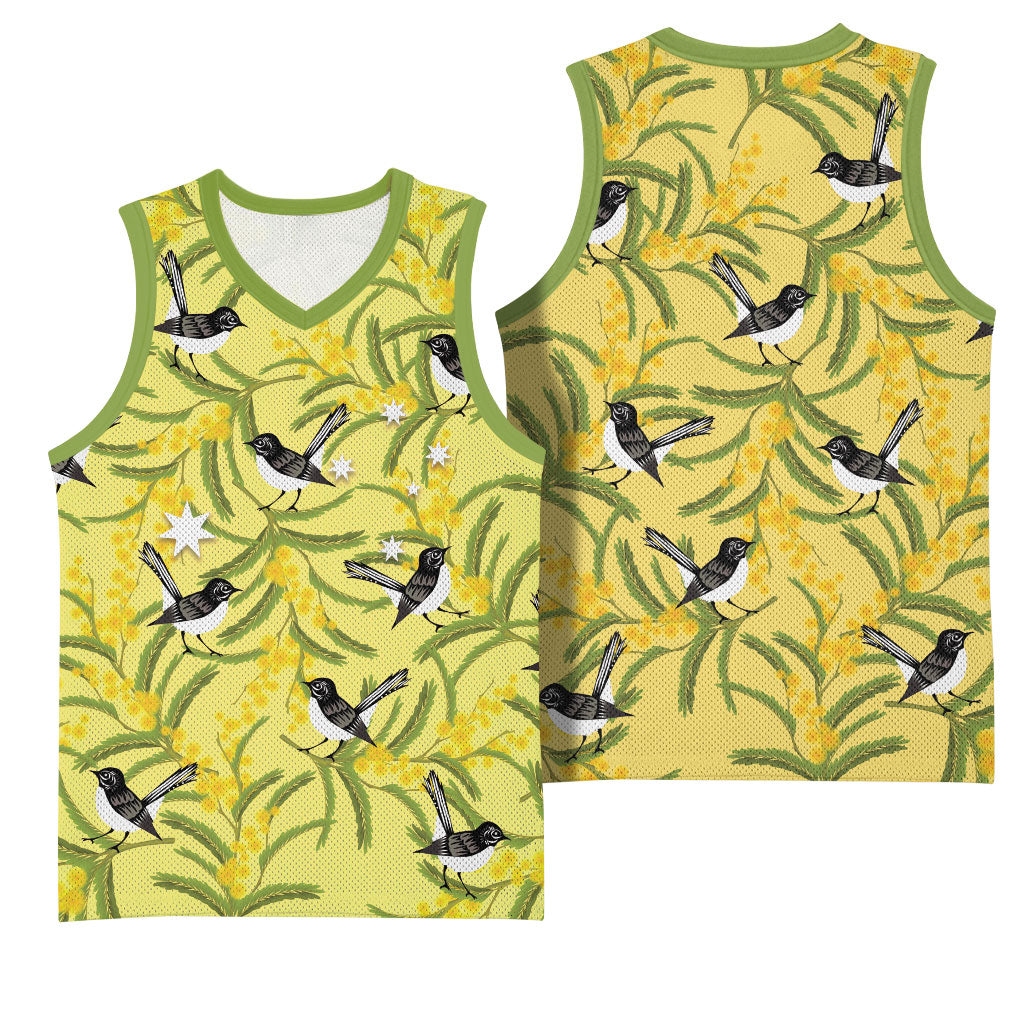 Australia Wattle Day Basketball Jersey Acacia Pycnantha Willie Wagtail Seamless Style