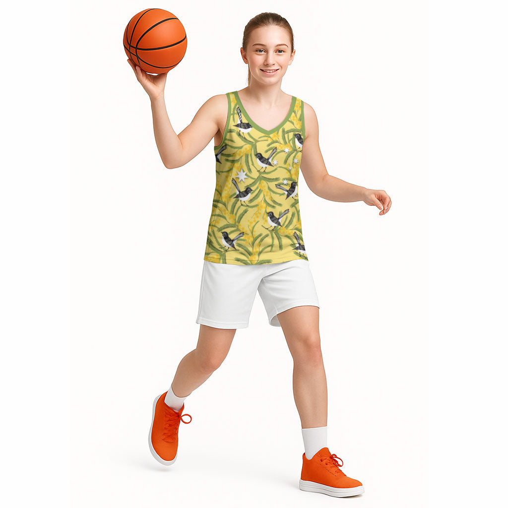 Australia Wattle Day Basketball Jersey Acacia Pycnantha Willie Wagtail Seamless Style