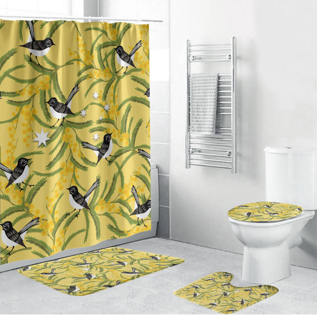 Australia Wattle Day Bathroom Set Acacia Pycnantha Willie Wagtail Seamless Style