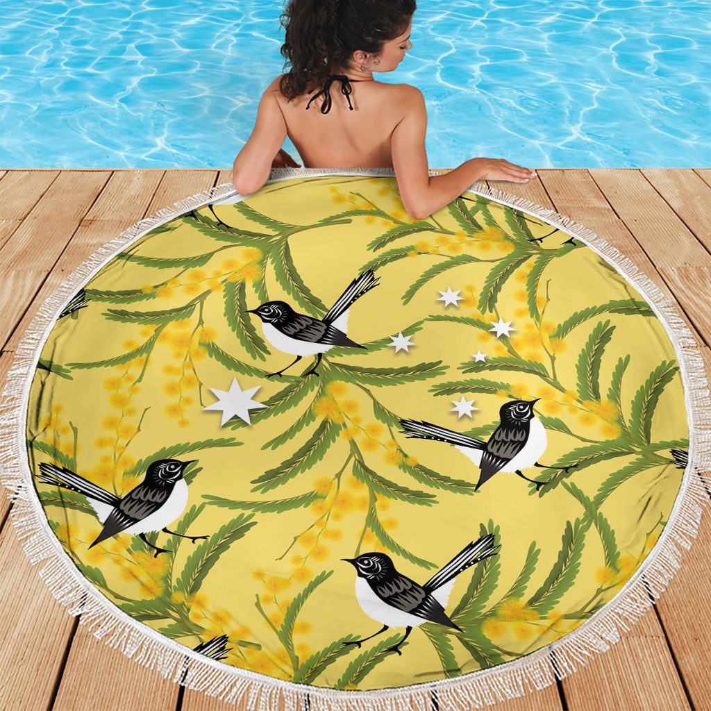 Australia Wattle Day Beach Blanket Acacia Pycnantha Willie Wagtail Seamless Style