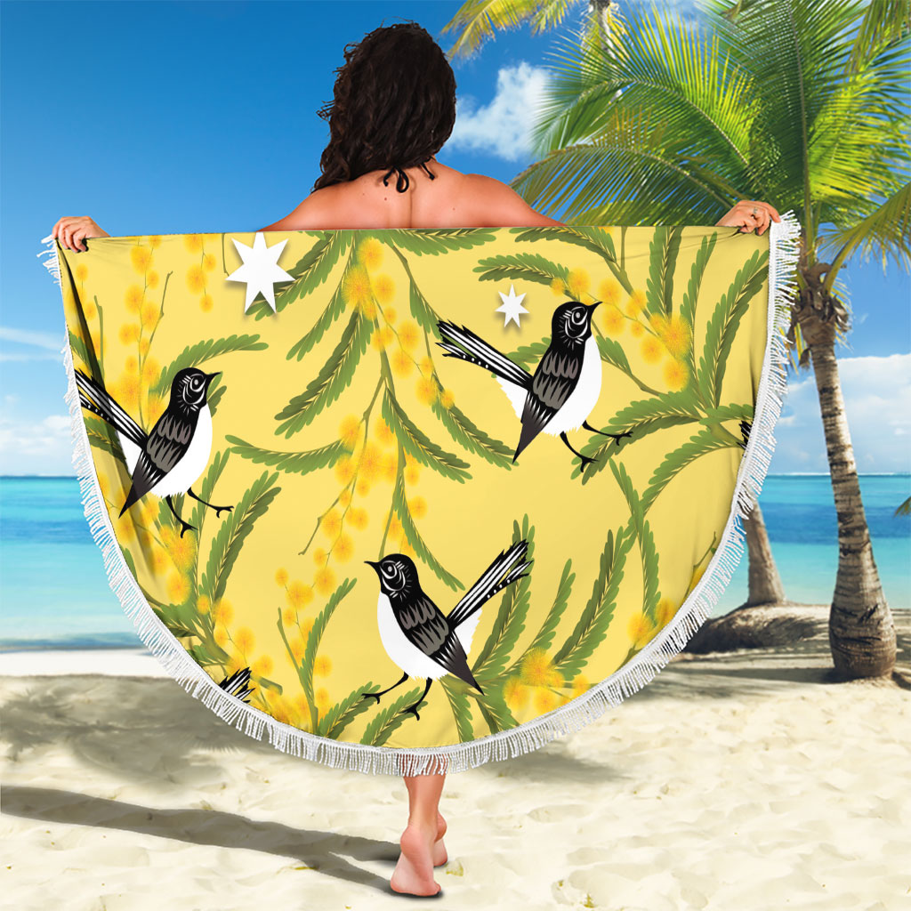 Australia Wattle Day Beach Blanket Acacia Pycnantha Willie Wagtail Seamless Style