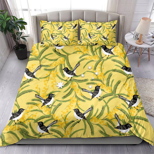 Australia Wattle Day Bedding Set Acacia Pycnantha Willie Wagtail Seamless Style