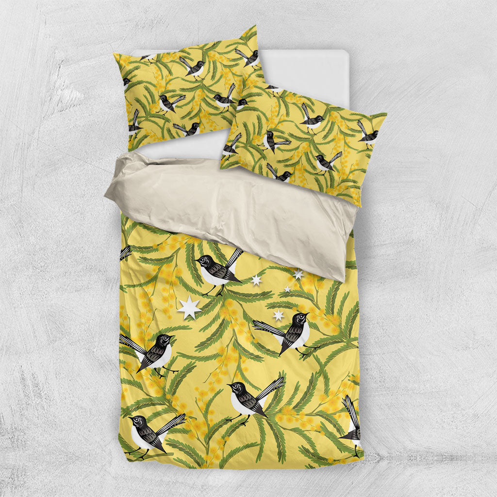 Australia Wattle Day Bedding Set Acacia Pycnantha Willie Wagtail Seamless Style