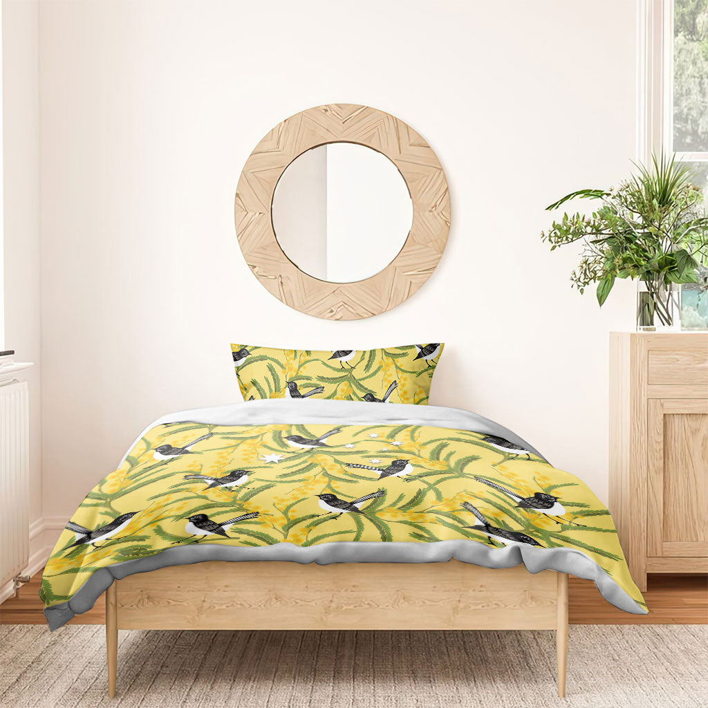 Australia Wattle Day Bedding Set Acacia Pycnantha Willie Wagtail Seamless Style