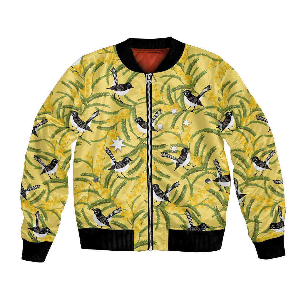 Australia Wattle Day Bomber Jacket Acacia Pycnantha Willie Wagtail Seamless Style