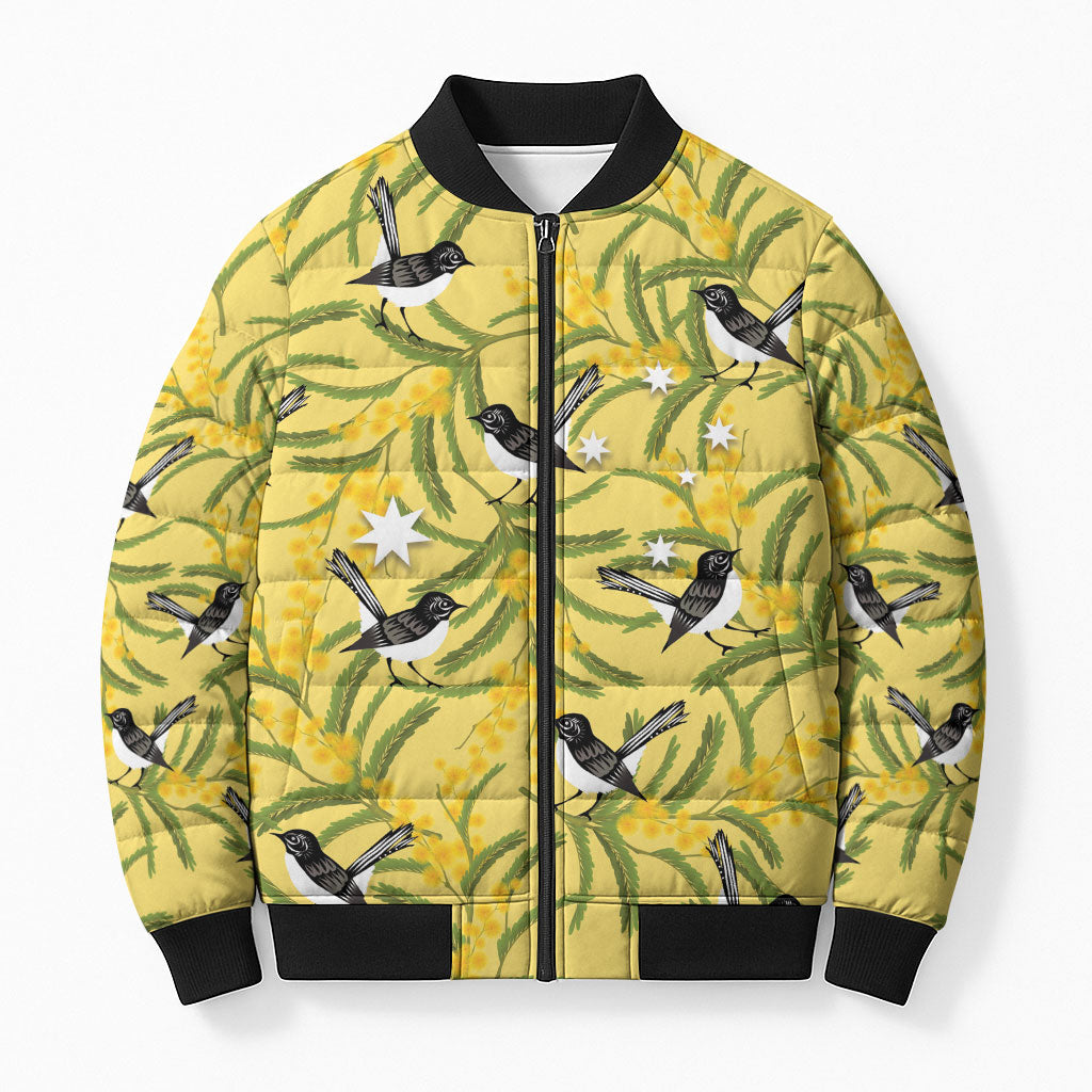 Australia Wattle Day Bomber Puffer Jacket Acacia Pycnantha Willie Wagtail Seamless Style