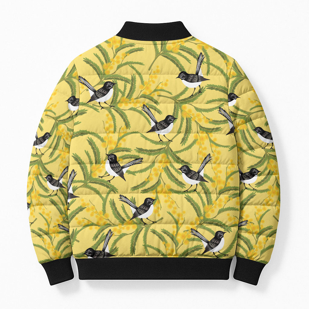 Australia Wattle Day Bomber Puffer Jacket Acacia Pycnantha Willie Wagtail Seamless Style