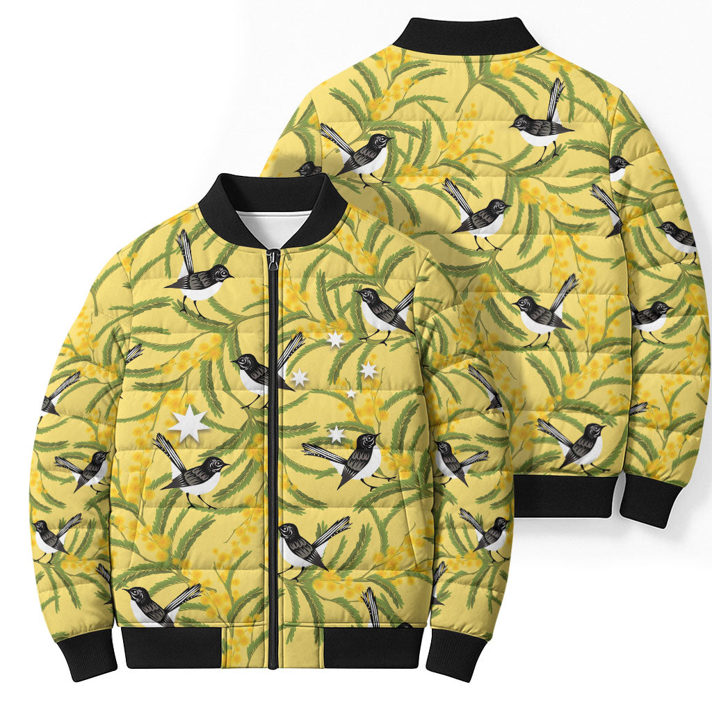 Australia Wattle Day Bomber Puffer Jacket Acacia Pycnantha Willie Wagtail Seamless Style