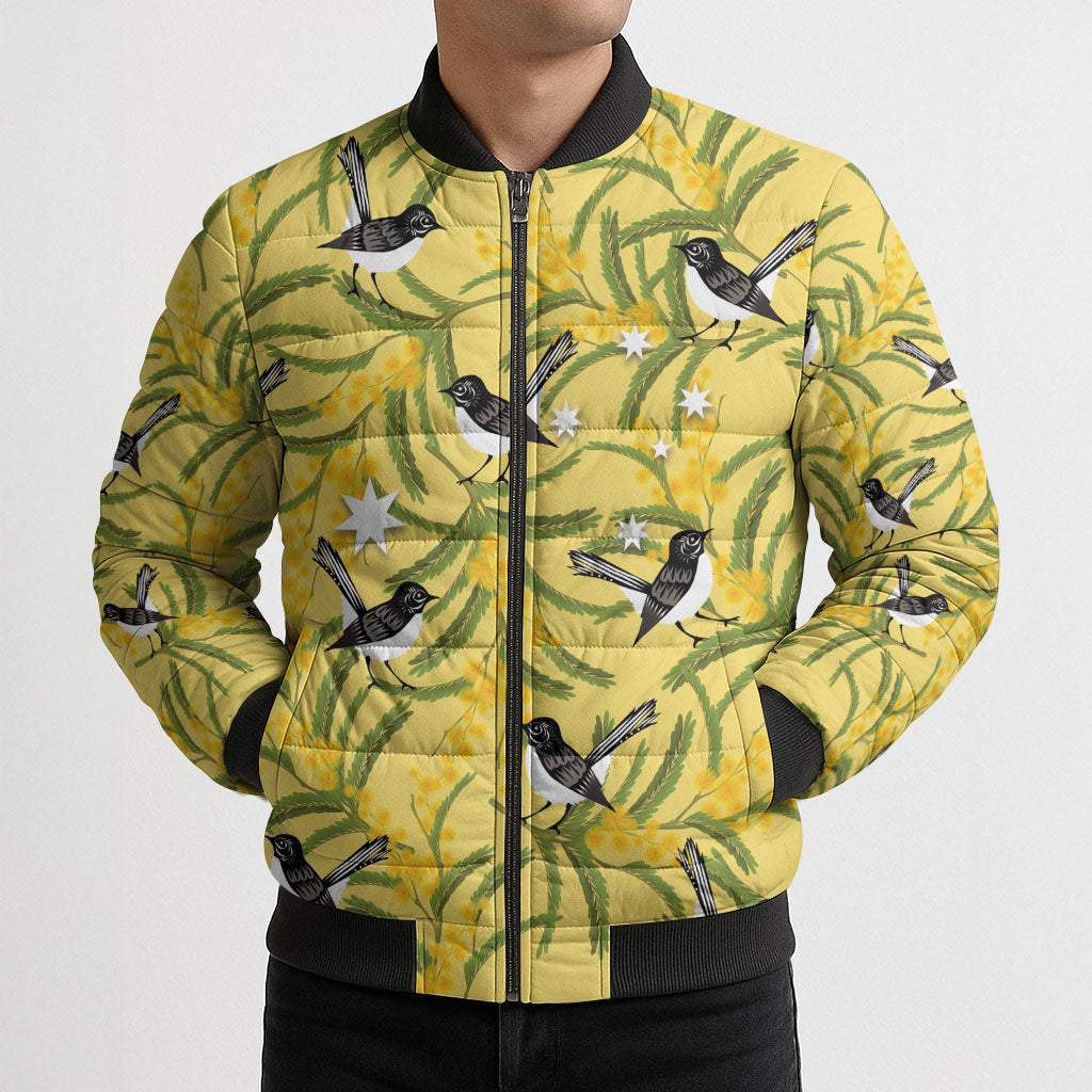 Australia Wattle Day Bomber Puffer Jacket Acacia Pycnantha Willie Wagtail Seamless Style