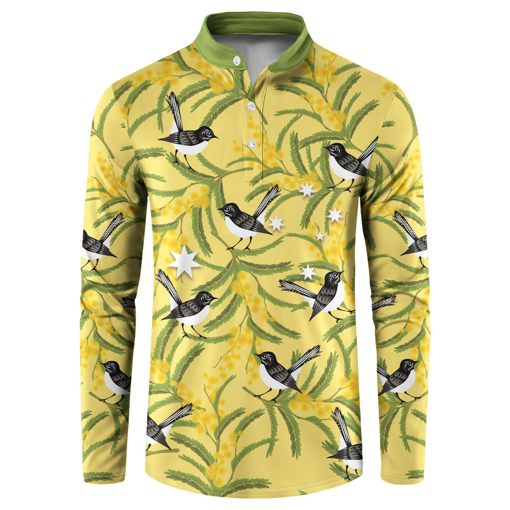 Australia Wattle Day Button Sweatshirt Acacia Pycnantha Willie Wagtail Seamless Style