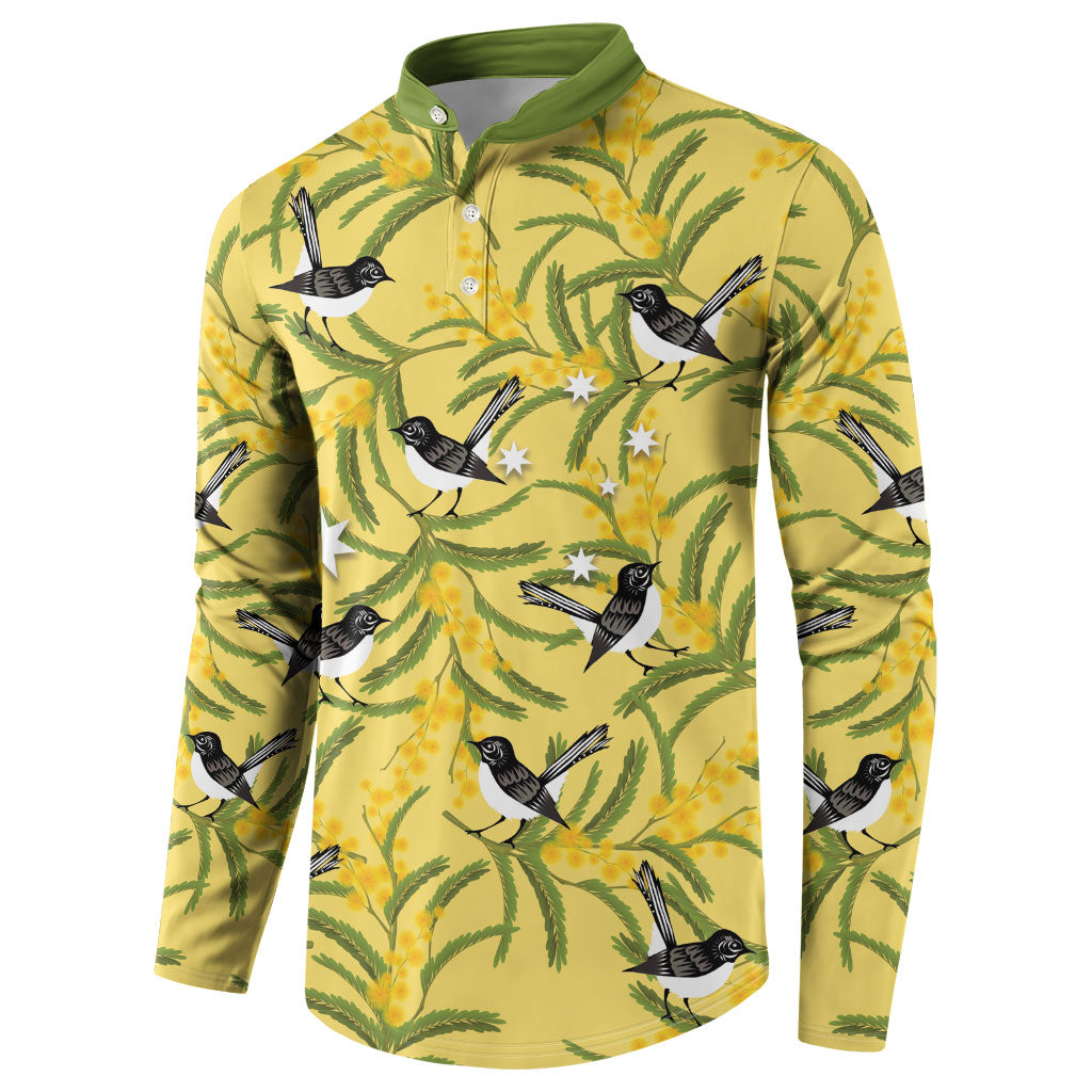 Australia Wattle Day Button Sweatshirt Acacia Pycnantha Willie Wagtail Seamless Style