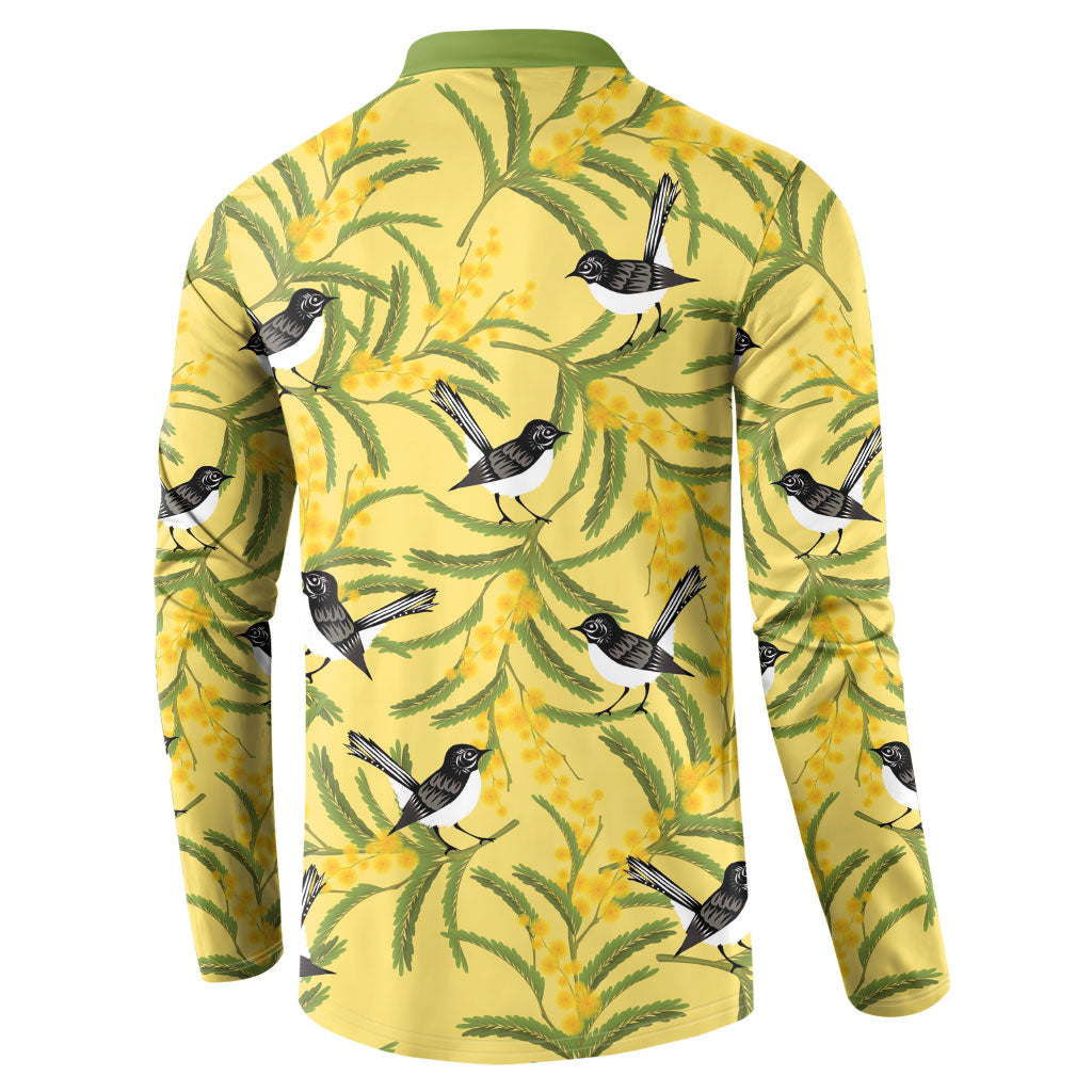 Australia Wattle Day Button Sweatshirt Acacia Pycnantha Willie Wagtail Seamless Style