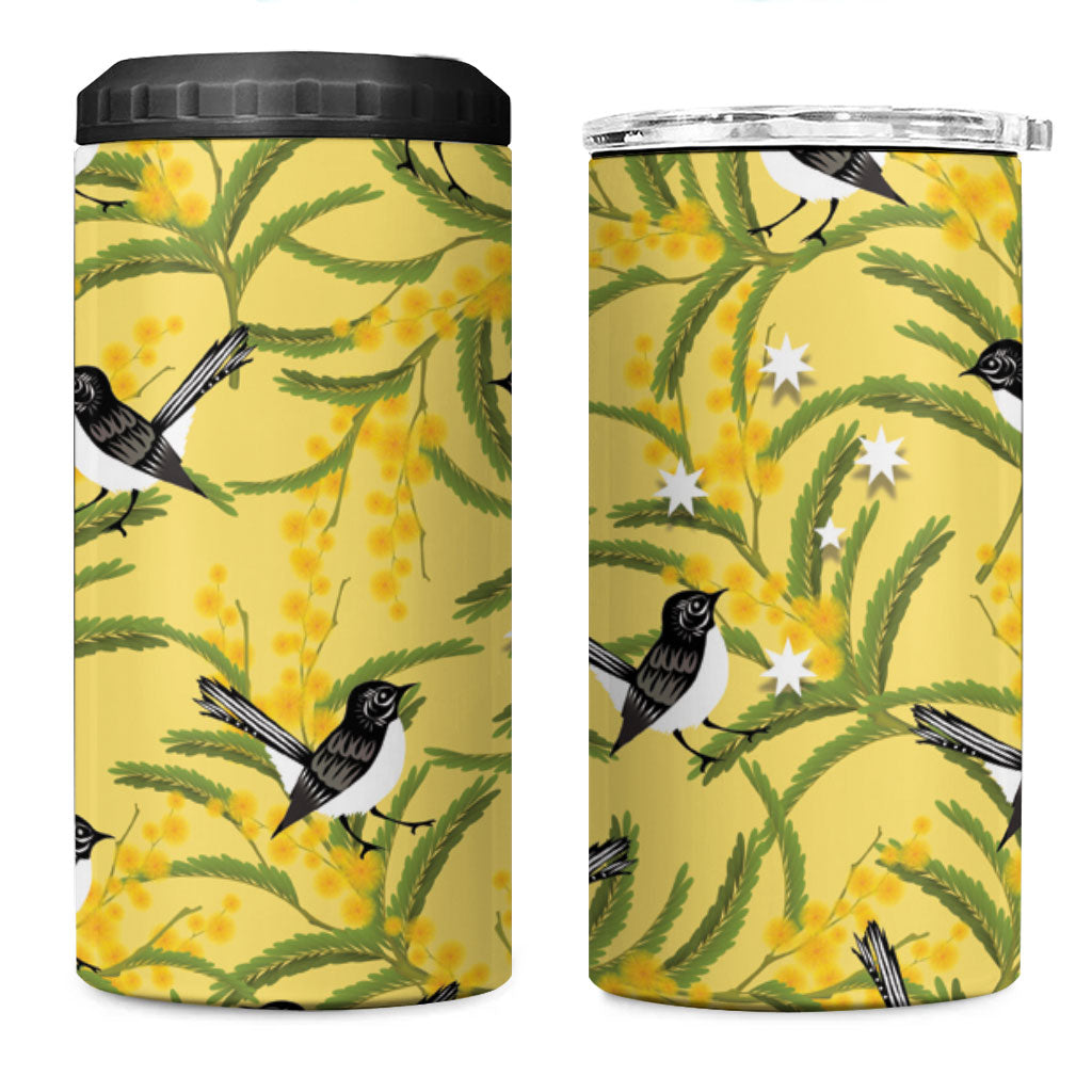 Australia Wattle Day 4 in 1 Can Cooler Tumbler Acacia Pycnantha Willie Wagtail Seamless Style