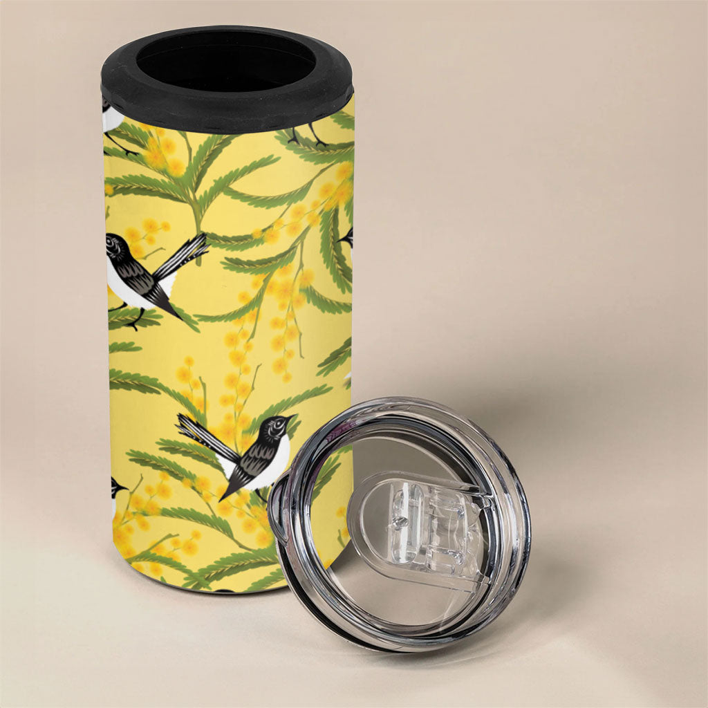 Australia Wattle Day 4 in 1 Can Cooler Tumbler Acacia Pycnantha Willie Wagtail Seamless Style