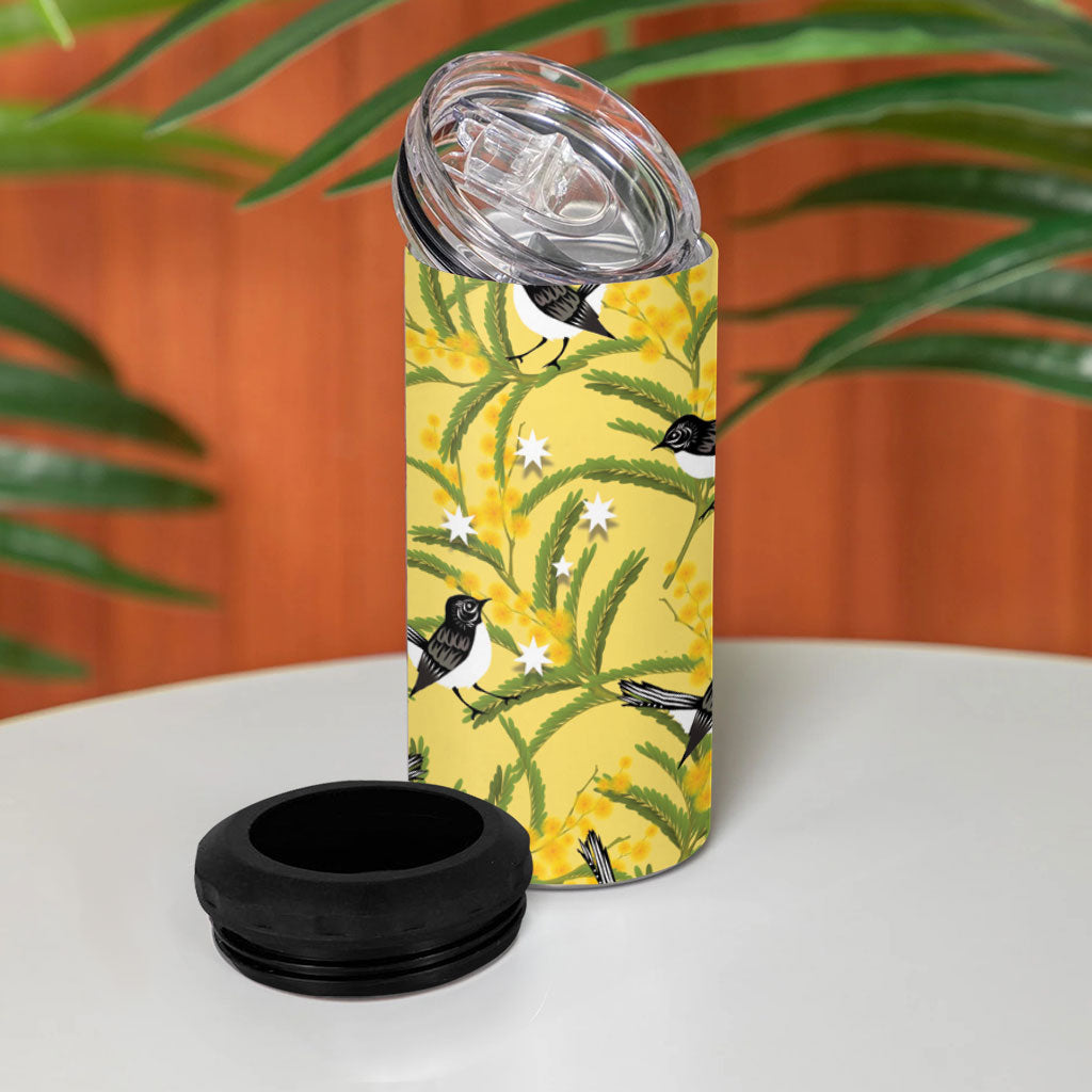 Australia Wattle Day 4 in 1 Can Cooler Tumbler Acacia Pycnantha Willie Wagtail Seamless Style