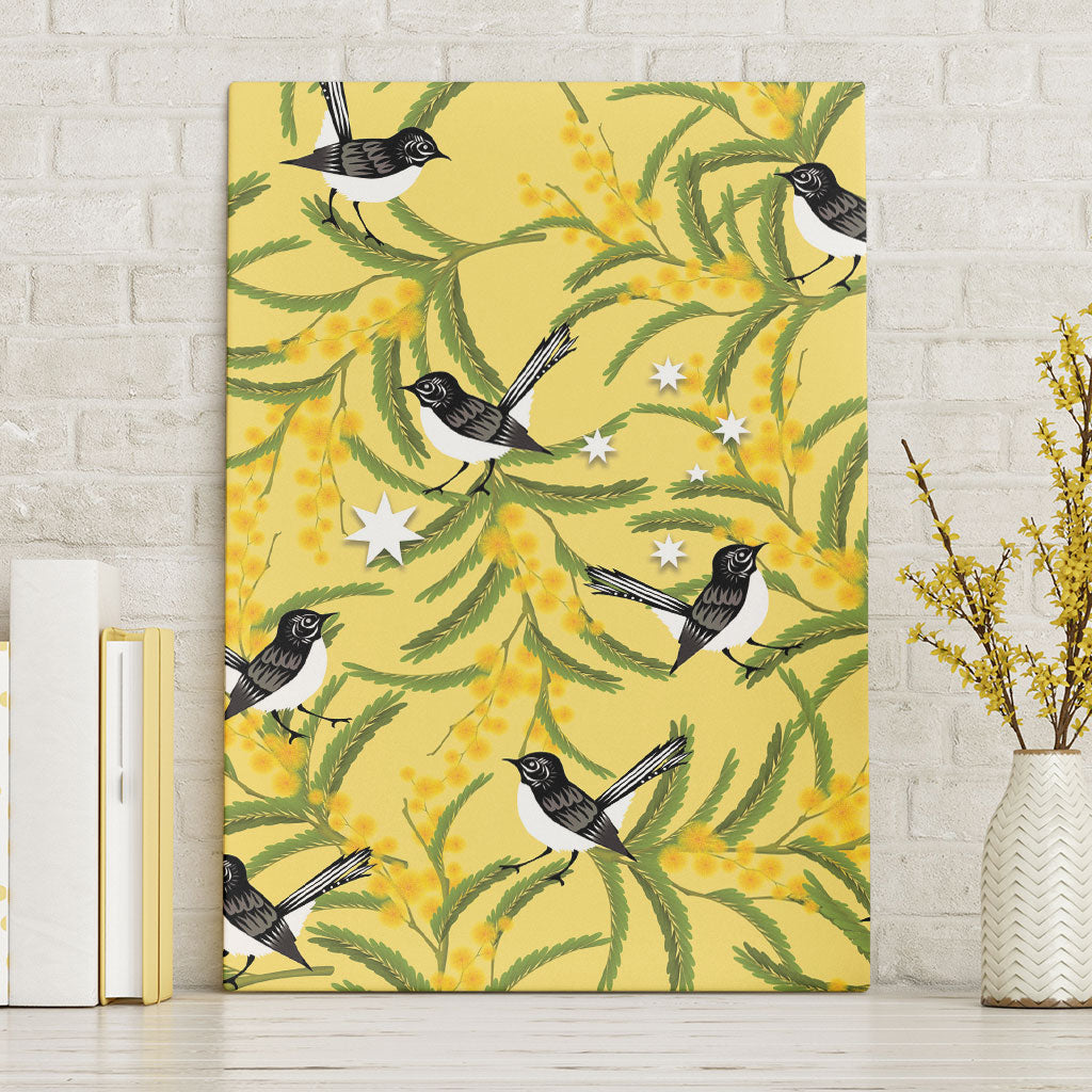 Australia Wattle Day Canvas Wall Art Acacia Pycnantha Willie Wagtail Seamless Style