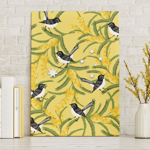 Australia Wattle Day Canvas Wall Art Acacia Pycnantha Willie Wagtail Seamless Style
