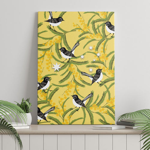 Australia Wattle Day Canvas Wall Art Acacia Pycnantha Willie Wagtail Seamless Style