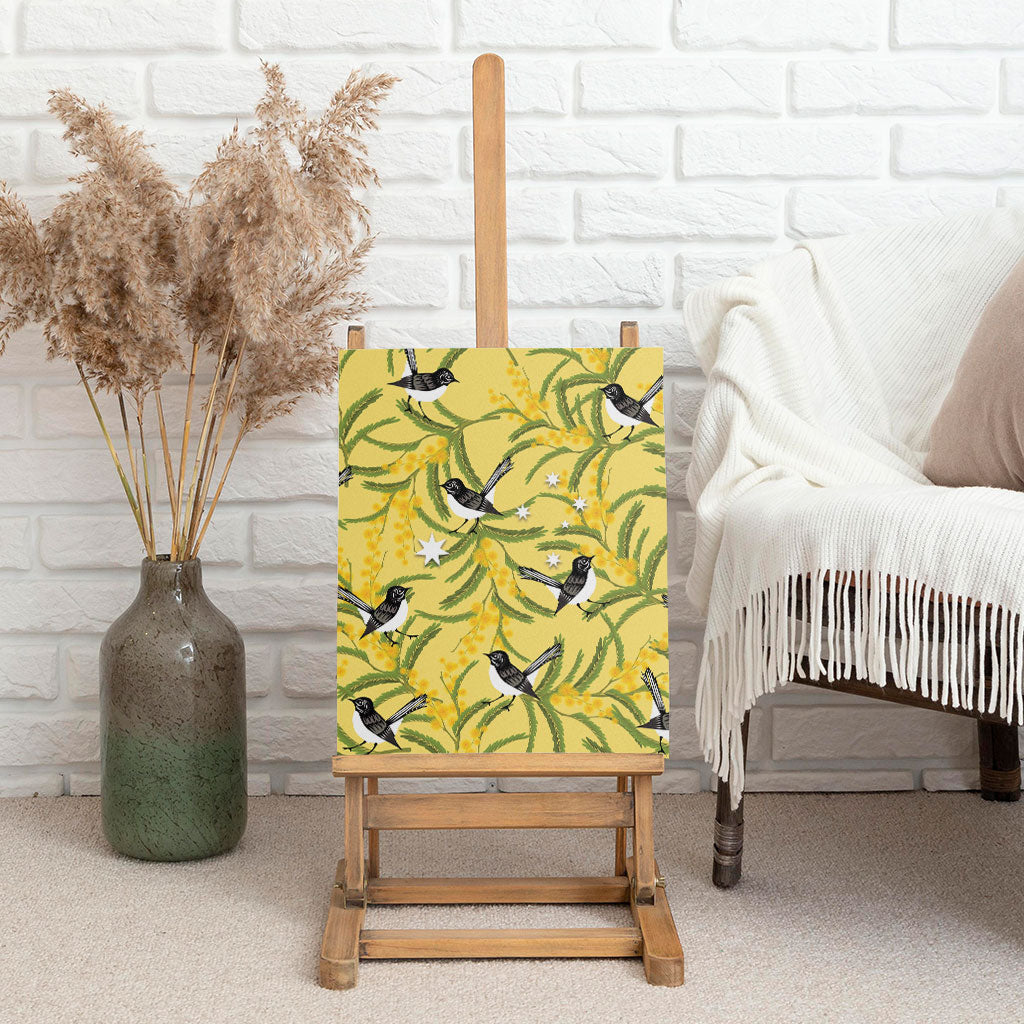 Australia Wattle Day Canvas Wall Art Acacia Pycnantha Willie Wagtail Seamless Style