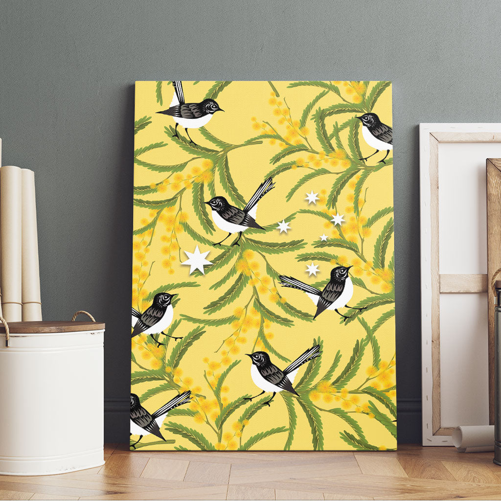 Australia Wattle Day Canvas Wall Art Acacia Pycnantha Willie Wagtail Seamless Style