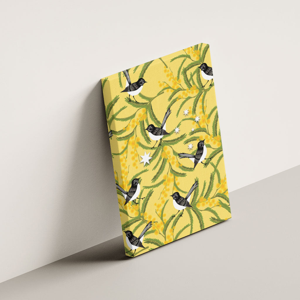 Australia Wattle Day Canvas Wall Art Acacia Pycnantha Willie Wagtail Seamless Style
