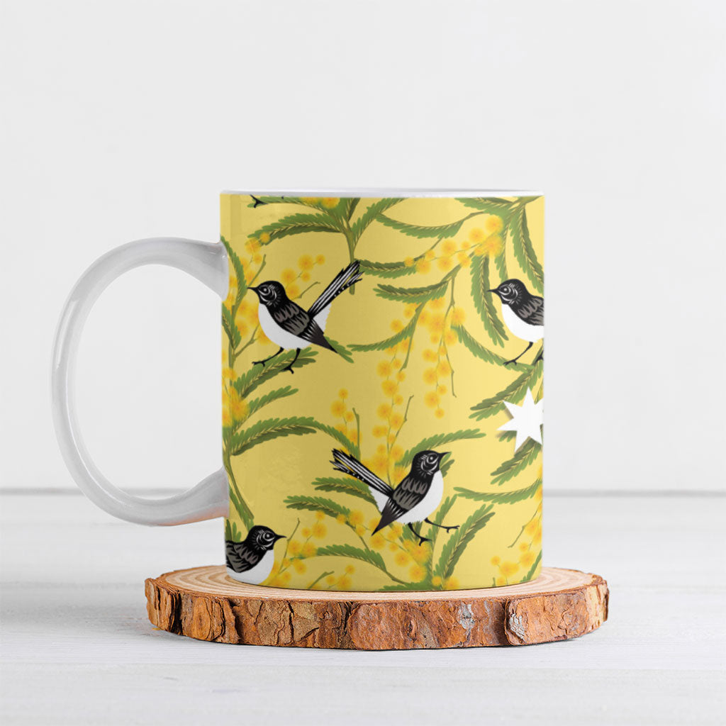 Australia Wattle Day Ceramic Mug Acacia Pycnantha Willie Wagtail Seamless Style