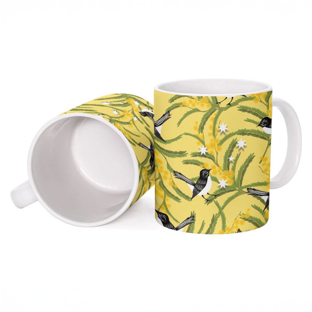 Australia Wattle Day Ceramic Mug Acacia Pycnantha Willie Wagtail Seamless Style