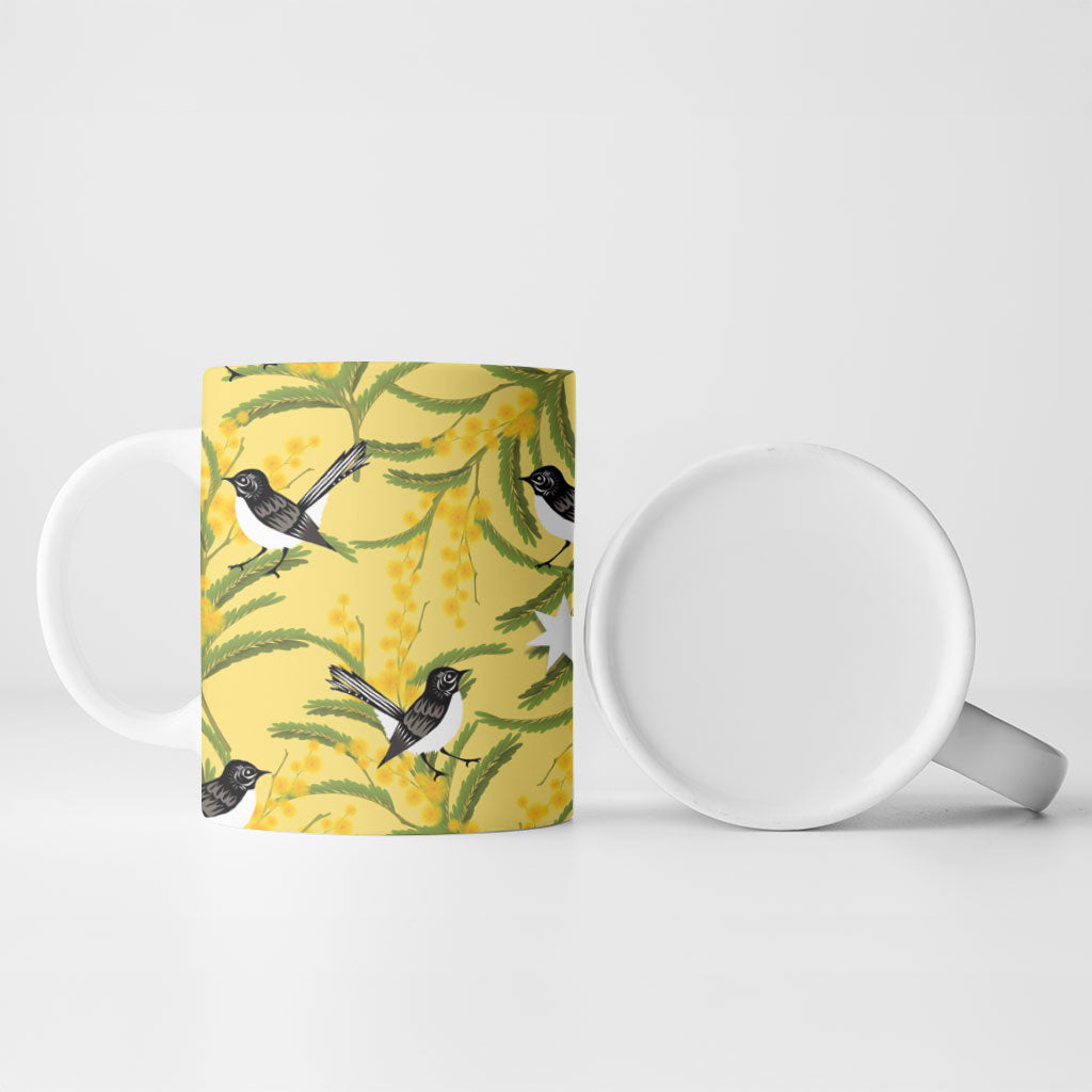 Australia Wattle Day Ceramic Mug Acacia Pycnantha Willie Wagtail Seamless Style