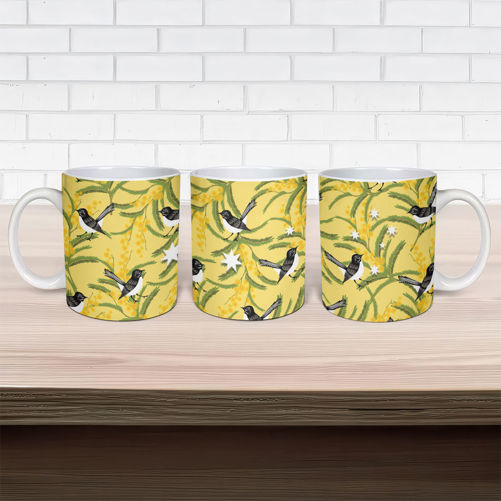Australia Wattle Day Ceramic Mug Acacia Pycnantha Willie Wagtail Seamless Style