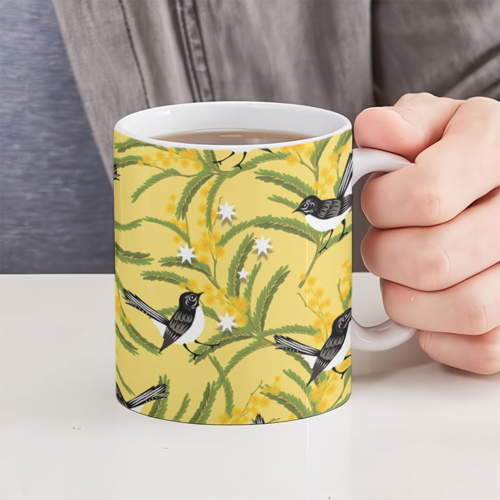 Australia Wattle Day Ceramic Mug Acacia Pycnantha Willie Wagtail Seamless Style