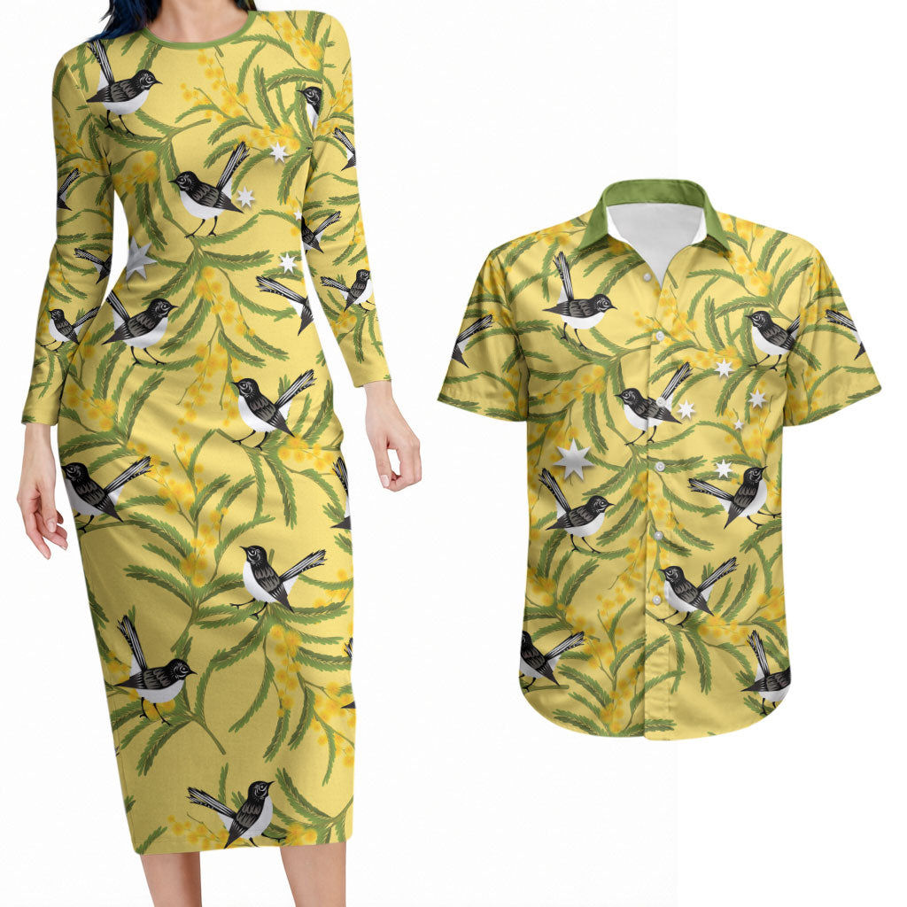 Australia Wattle Day Couples Matching Long Sleeve Bodycon Dress and Hawaiian Shirt Acacia Pycnantha Willie Wagtail Seamless Style