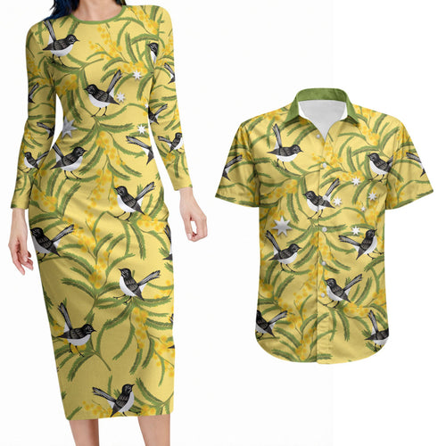 Australia Wattle Day Couples Matching Long Sleeve Bodycon Dress and Hawaiian Shirt Acacia Pycnantha Willie Wagtail Seamless Style