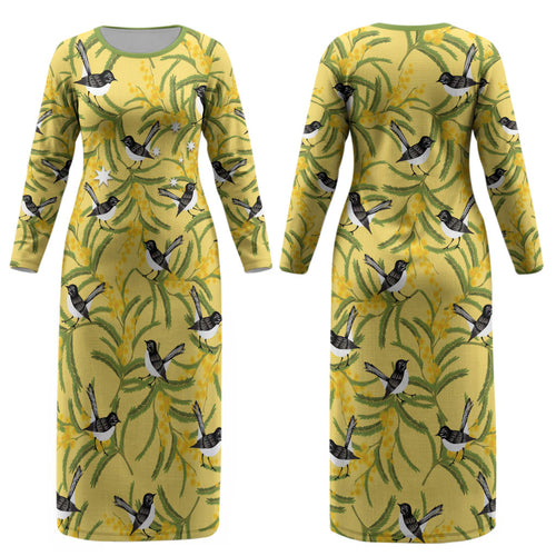 Australia Wattle Day Couples Matching Long Sleeve Bodycon Dress and Hawaiian Shirt Acacia Pycnantha Willie Wagtail Seamless Style