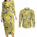 Australia Wattle Day Couples Matching Long Sleeve Bodycon Dress and Long Sleeve Button Shirt Acacia Pycnantha Willie Wagtail Seamless Style