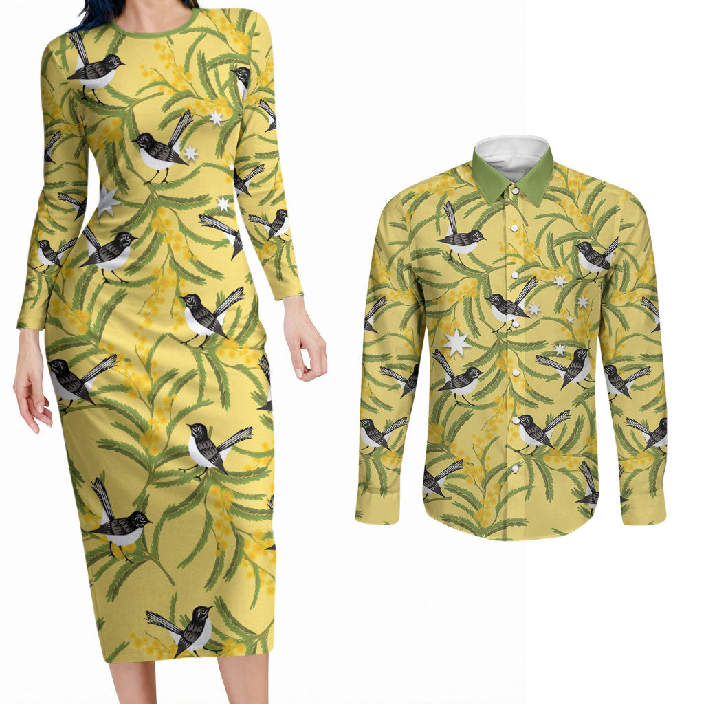 Australia Wattle Day Couples Matching Long Sleeve Bodycon Dress and Long Sleeve Button Shirt Acacia Pycnantha Willie Wagtail Seamless Style
