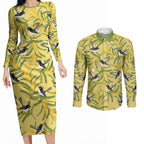 Australia Wattle Day Couples Matching Long Sleeve Bodycon Dress and Long Sleeve Button Shirt Acacia Pycnantha Willie Wagtail Seamless Style