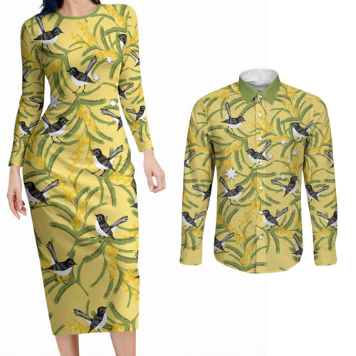 Australia Wattle Day Couples Matching Long Sleeve Bodycon Dress and Long Sleeve Button Shirt Acacia Pycnantha Willie Wagtail Seamless Style