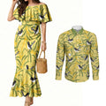 Australia Wattle Day Couples Matching Mermaid Dress and Long Sleeve Button Shirt Acacia Pycnantha Willie Wagtail Seamless Style