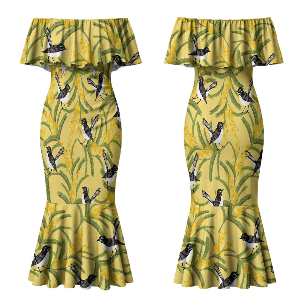 Australia Wattle Day Couples Matching Mermaid Dress and Long Sleeve Button Shirt Acacia Pycnantha Willie Wagtail Seamless Style