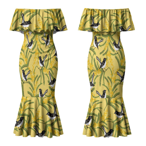Australia Wattle Day Couples Matching Mermaid Dress and Long Sleeve Button Shirt Acacia Pycnantha Willie Wagtail Seamless Style